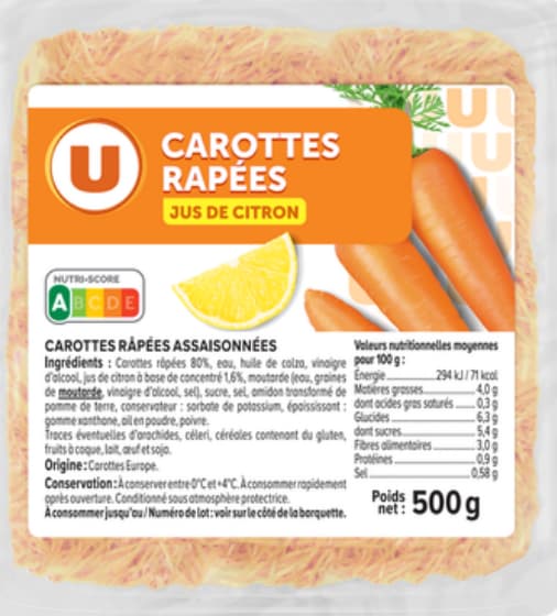 Coopérative U transforme les carottes”hors calibre” en carottes râpées 100% origine France.