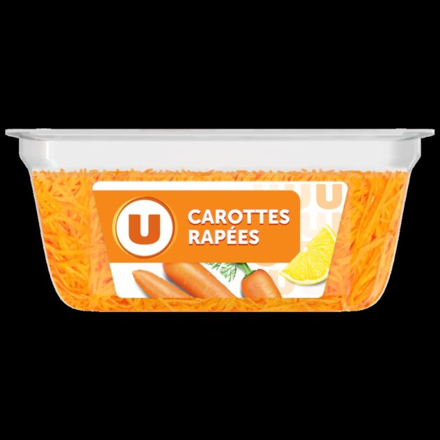 Coopérative U transforme les carottes”hors calibre” en carottes râpées 100% origine France.
